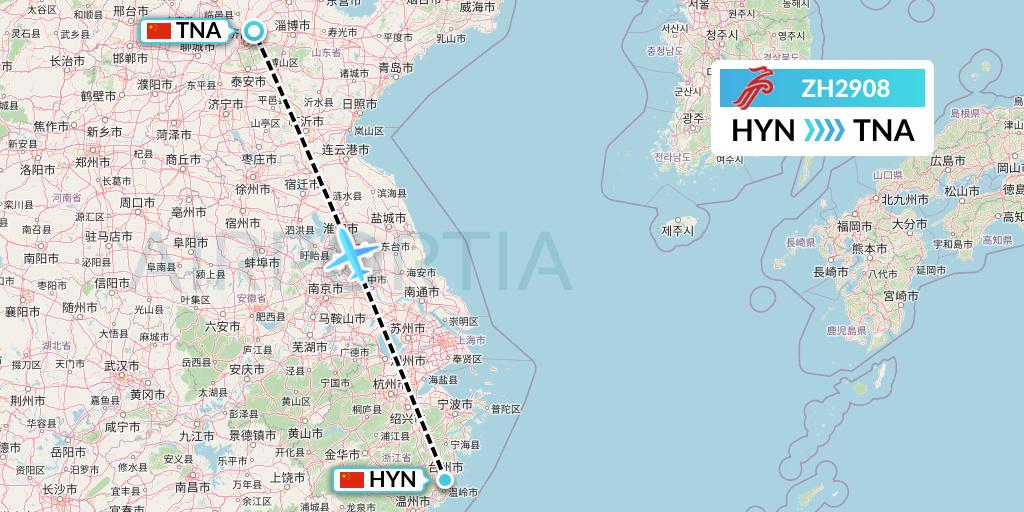 ZH2908 Shenzhen Airlines Flight Map: Huangyan to Jinan