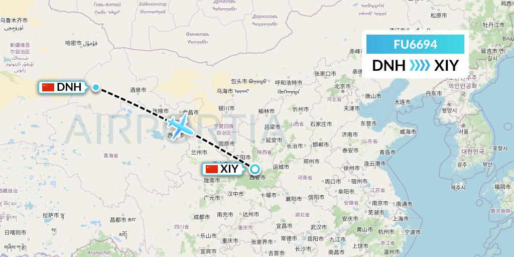 FU6694 Fuzhou Airlines Flight Map: Dunhuang to Xi'an