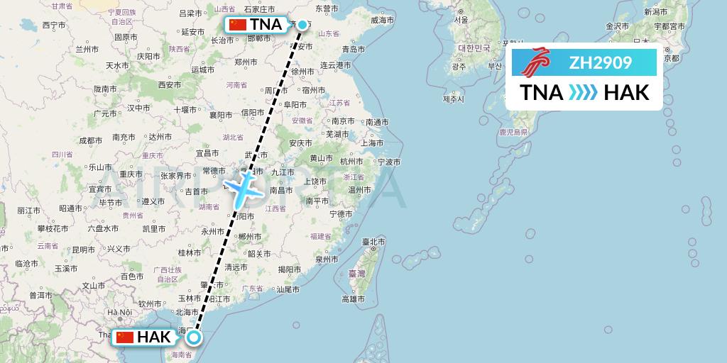 ZH2909 Shenzhen Airlines Flight Map: Jinan to Haikou