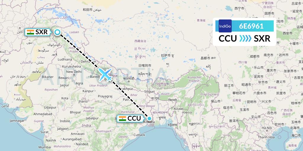 6E6961 IndiGo Airlines Flight Map: Kolkata to Srinagar