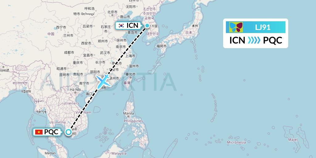 LJ91 Jin Air Flight Map: Seoul to Phu Quoc