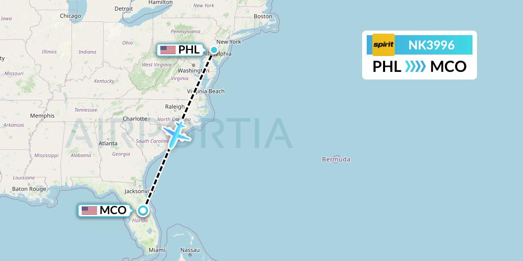 NK3996 Spirit Airlines Flight Map: Philadelphia to Orlando