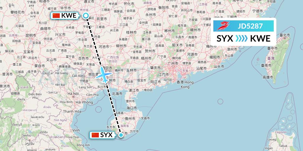 JD5287 Capital Airlines Flight Map: Sanya to Guiyang