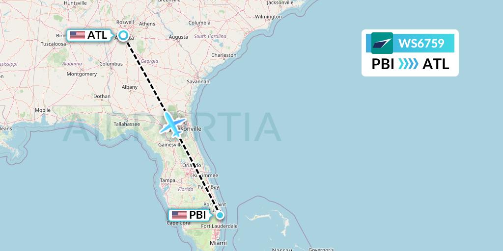 WS6759 WestJet Flight Map: West Palm Beach to Atlanta