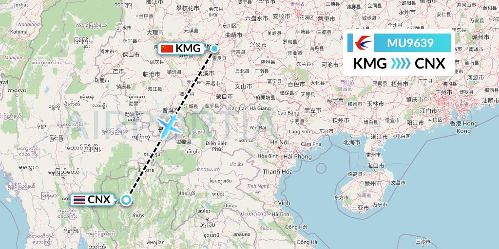 MU9639 China Eastern Airlines Flight Map: Kunming to Chiang Mai