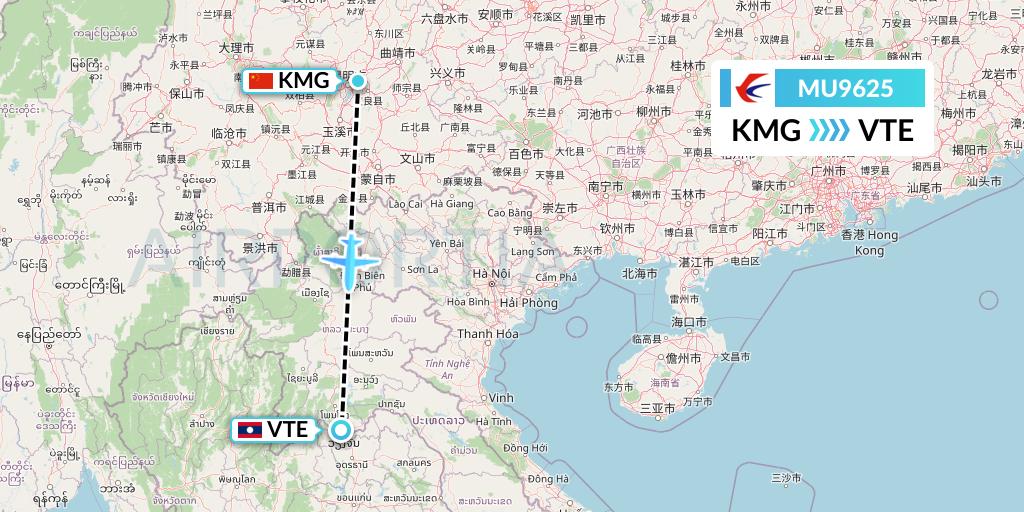 MU9625 China Eastern Airlines Flight Map: Kunming to Vientiane