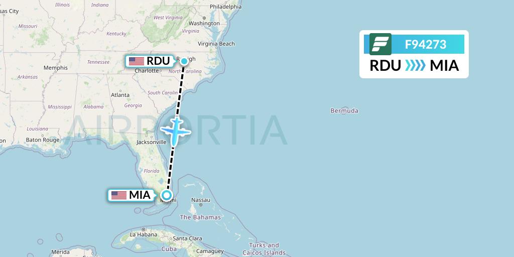 F94273 Frontier Airlines Flight Map: Raleigh-Durham to Miami