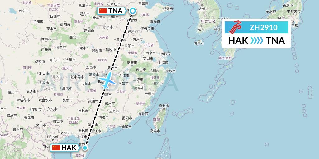 ZH2910 Shenzhen Airlines Flight Map: Haikou to Jinan