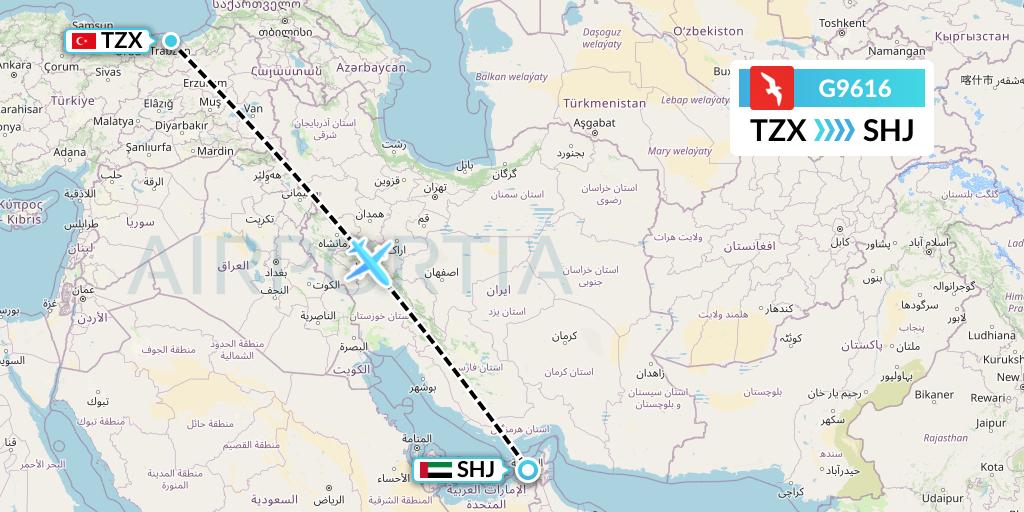 G9616 Air Arabia Flight Map: Trabzon to Sharjah