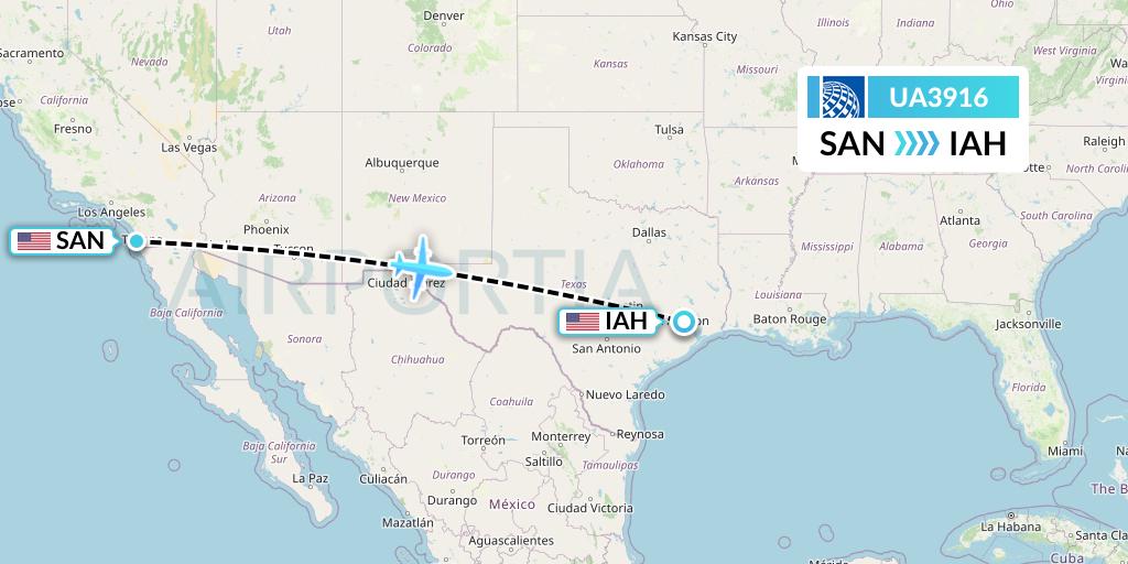 UA3916 United Airlines Flight Map: San Diego to Houston