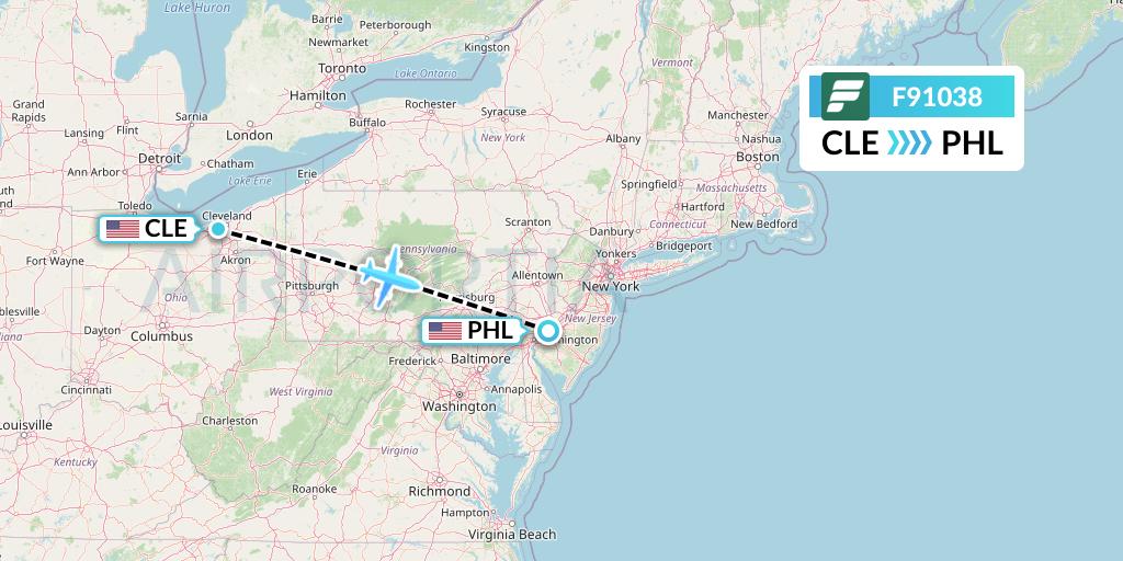 F91038 Frontier Airlines Flight Map: Cleveland to Philadelphia