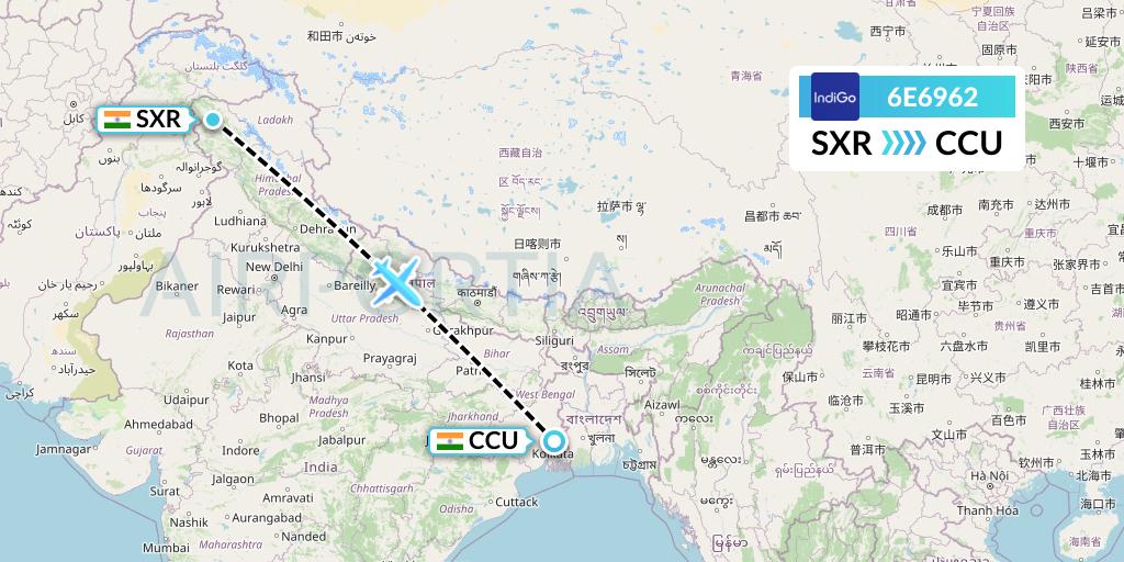 6E6962 IndiGo Airlines Flight Map: Srinagar to Kolkata