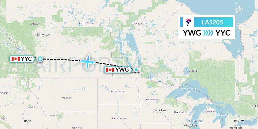LA5205 LAN Airlines Flight Map: Winnipeg to Calgary