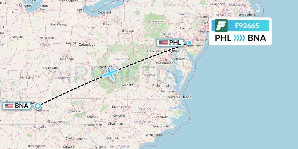 F92665 Frontier Airlines Flight Map: Philadelphia to Nashville