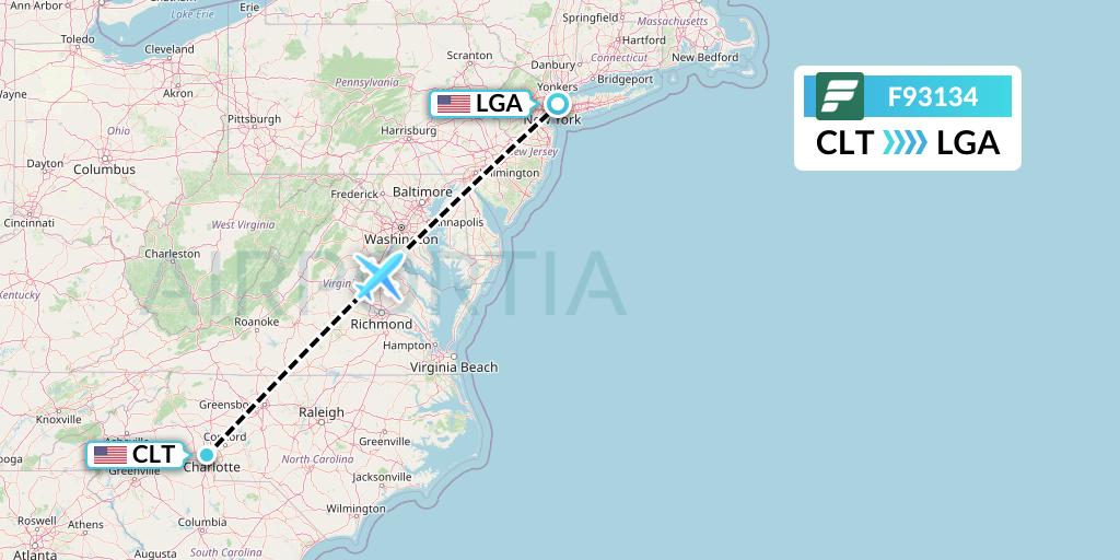 F93134 Frontier Airlines Flight Map: Charlotte to New York