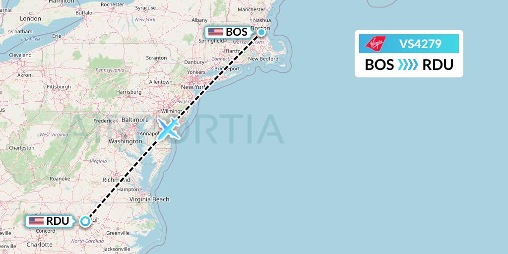 VS4279 Virgin Atlantic Airways Flight Map: Boston to Raleigh-Durham