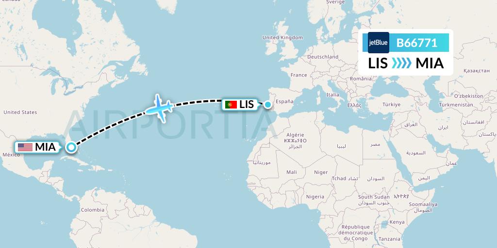 B66771 JetBlue Airways Flight Map: Lisbon to Miami