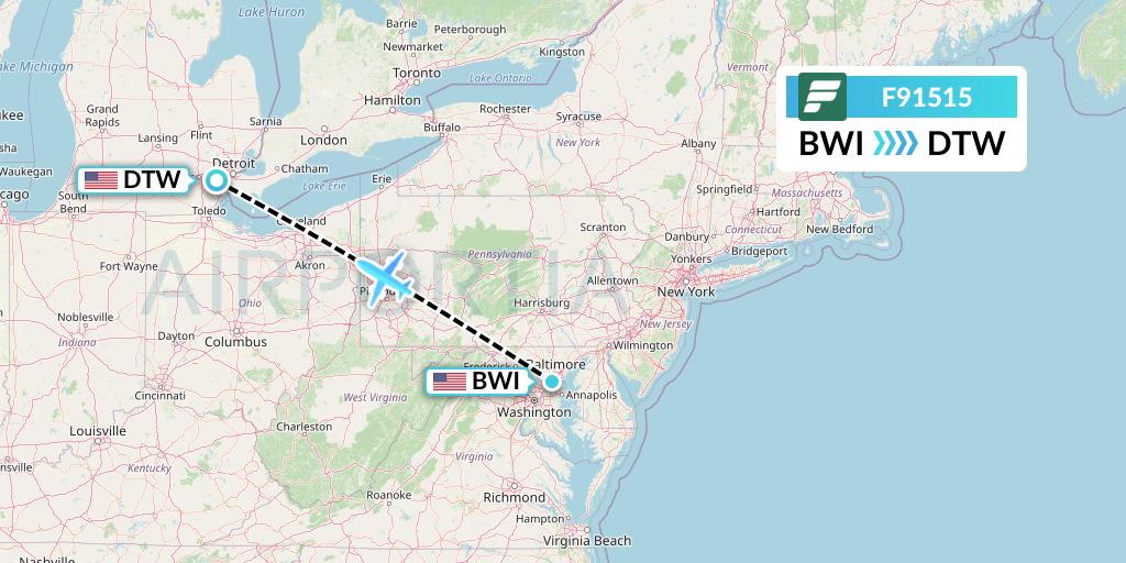 F91515 Frontier Airlines Flight Map: Baltimore to Detroit