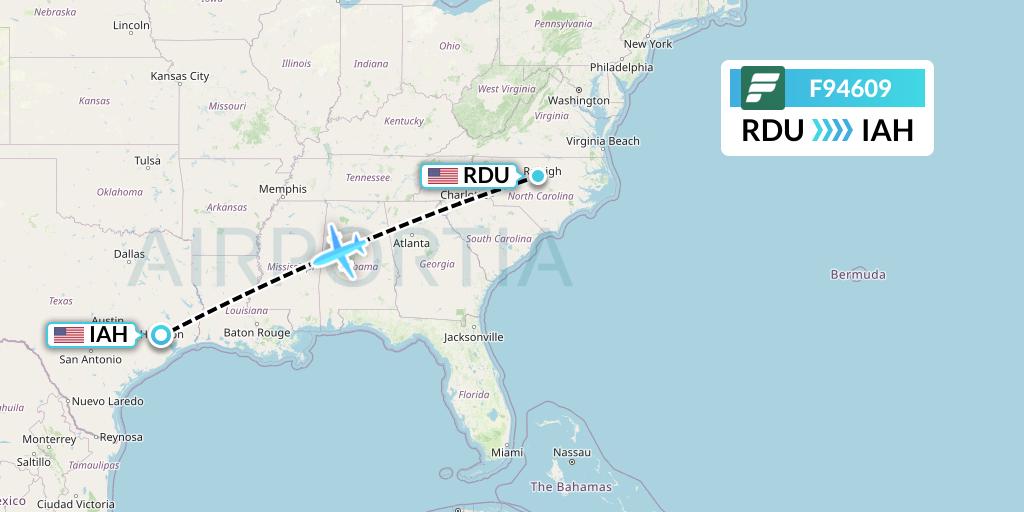 F94609 Frontier Airlines Flight Map: Raleigh-Durham to Houston