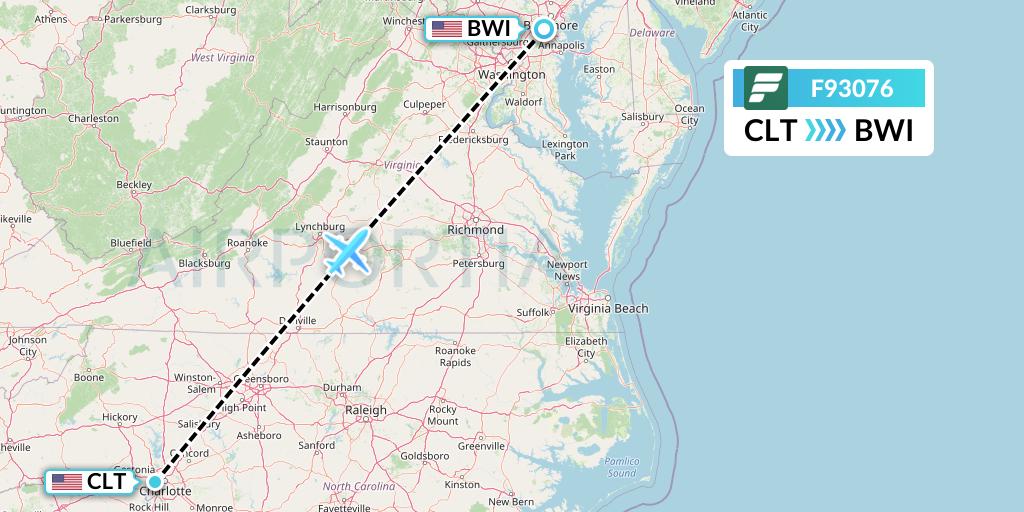 F93076 Frontier Airlines Flight Map: Charlotte to Baltimore