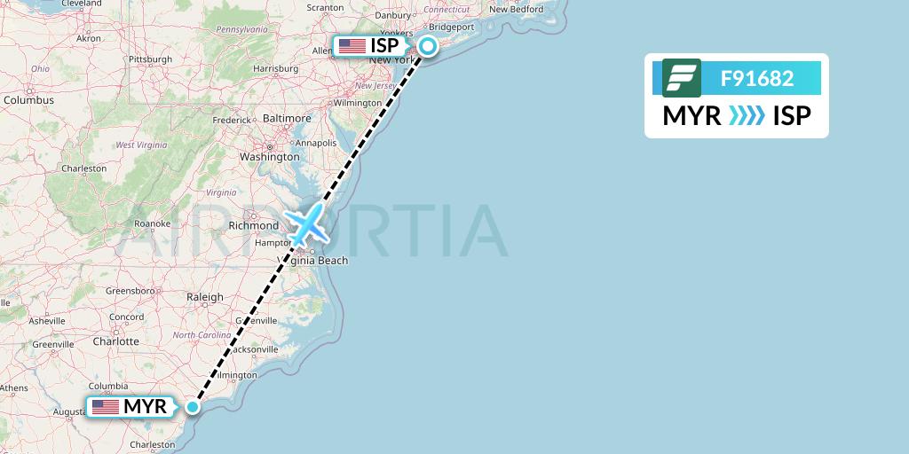 F91682 Frontier Airlines Flight Map: Myrtle Beach to Islip