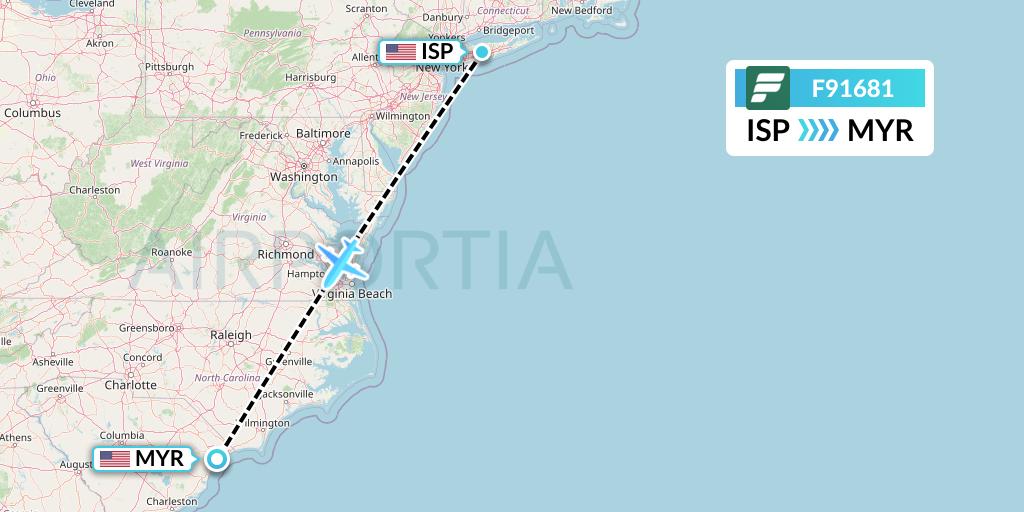 F91681 Frontier Airlines Flight Map: Islip to Myrtle Beach