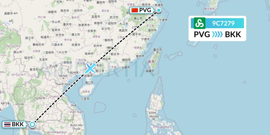 9C7279 Spring Airlines Flight Map: Shanghai to Bangkok