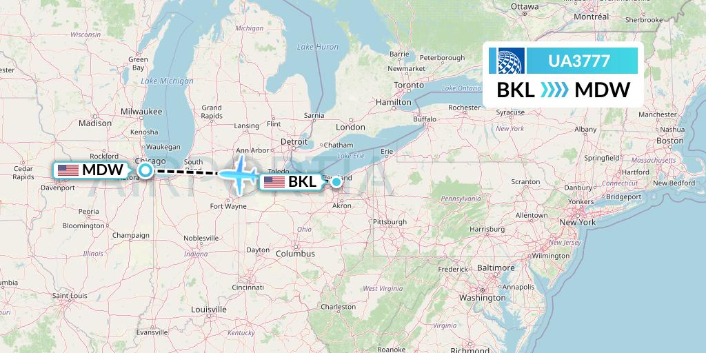 UA3777 United Airlines Flight Map: Cleveland to Chicago
