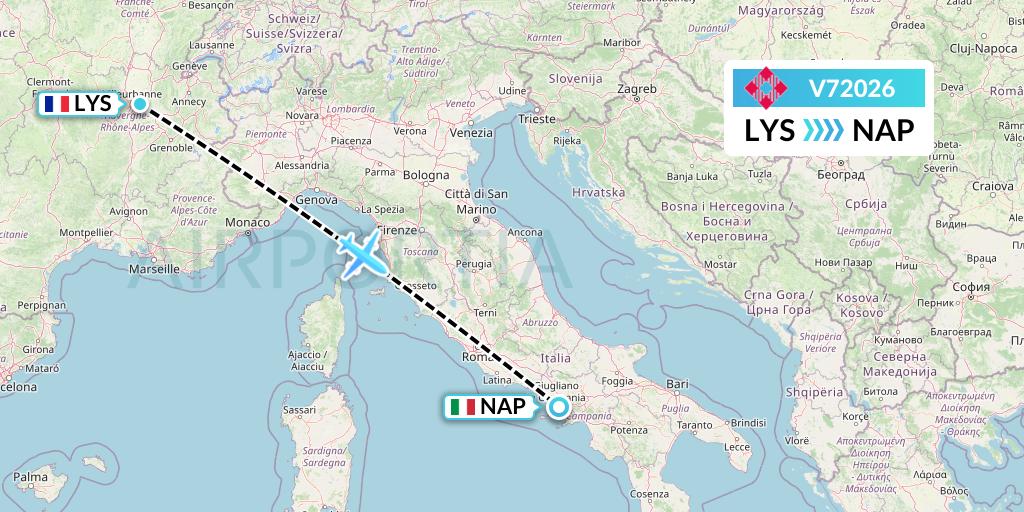 V72026 Volotea Flight Map: Lyon to Naples