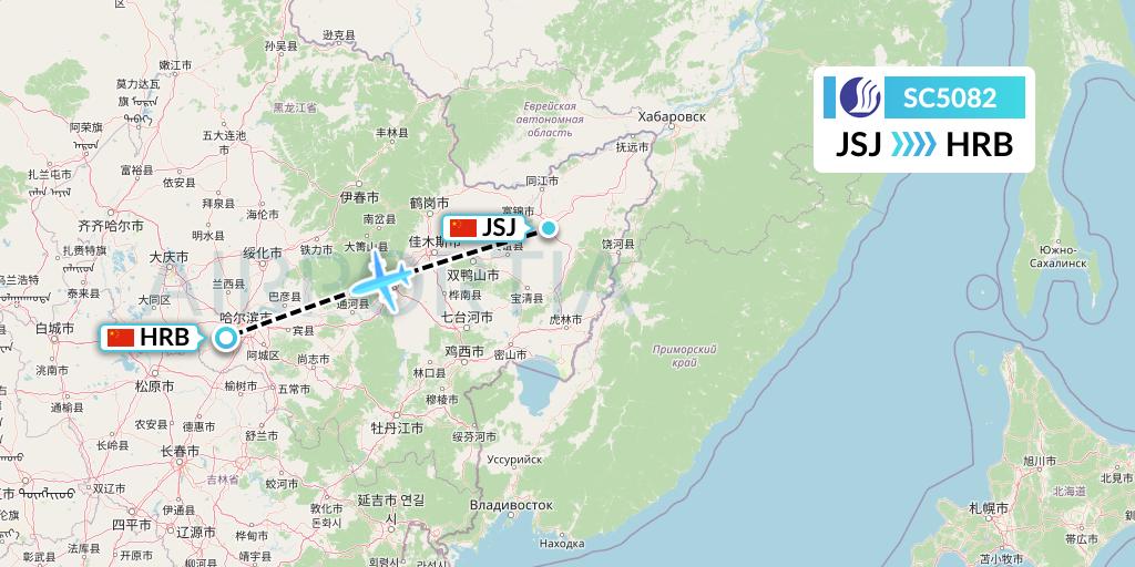 SC5082 Shandong Airlines Flight Map: Fuyuan to Harbin