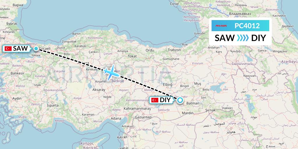 PC4012 Pegasus Airlines Flight Map: Istanbul to Diyarbakir
