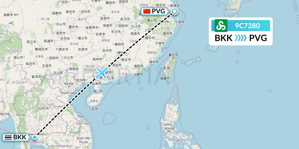 9C7280 Spring Airlines Flight Map: Bangkok to Shanghai