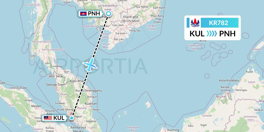 KR782 Cambodia Airways Flight Map: Kuala Lumpur to Phnom Penh