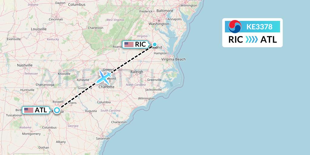 KE3378 Korean Air Flight Map: Richmond to Atlanta