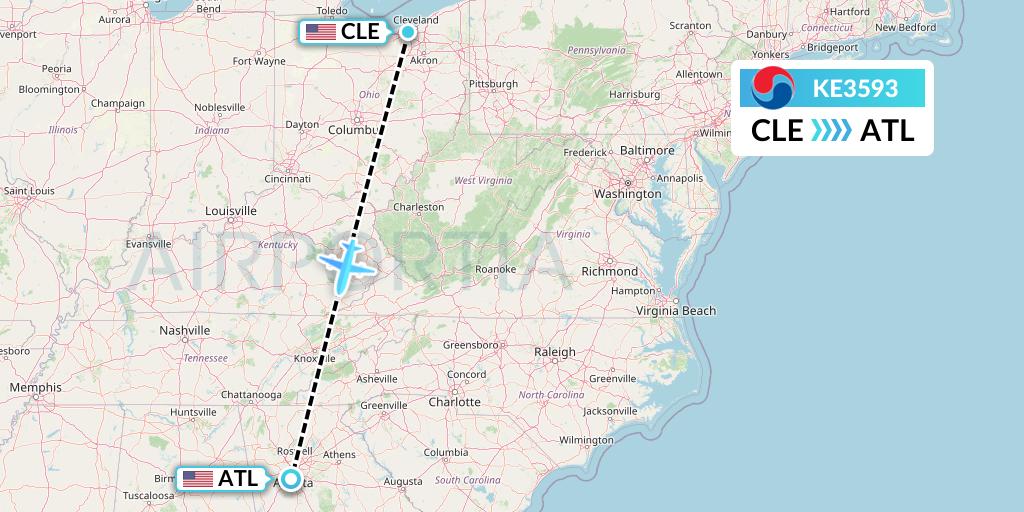 KE3593 Korean Air Flight Map: Cleveland to Atlanta