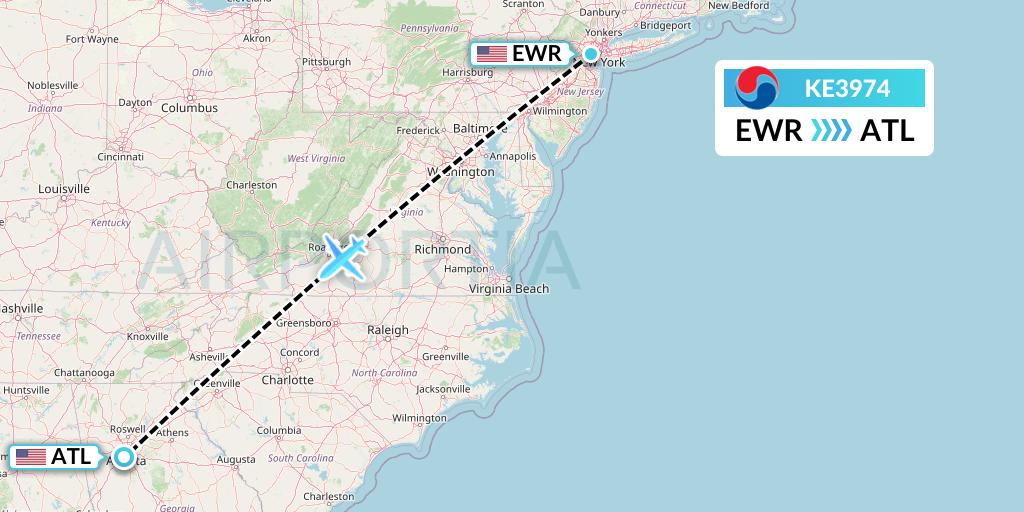 KE3974 Korean Air Flight Map: New York to Atlanta