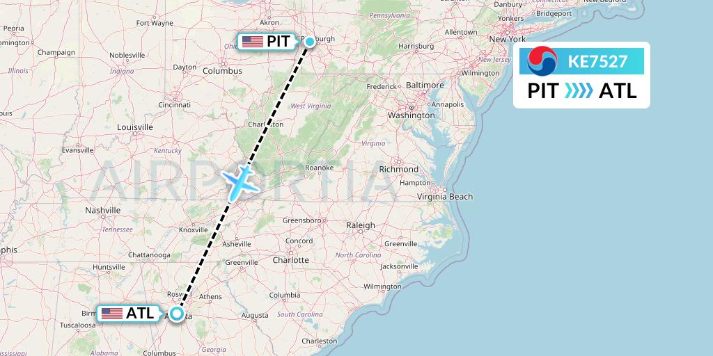 KE7527 Korean Air Flight Map: Pittsburgh to Atlanta