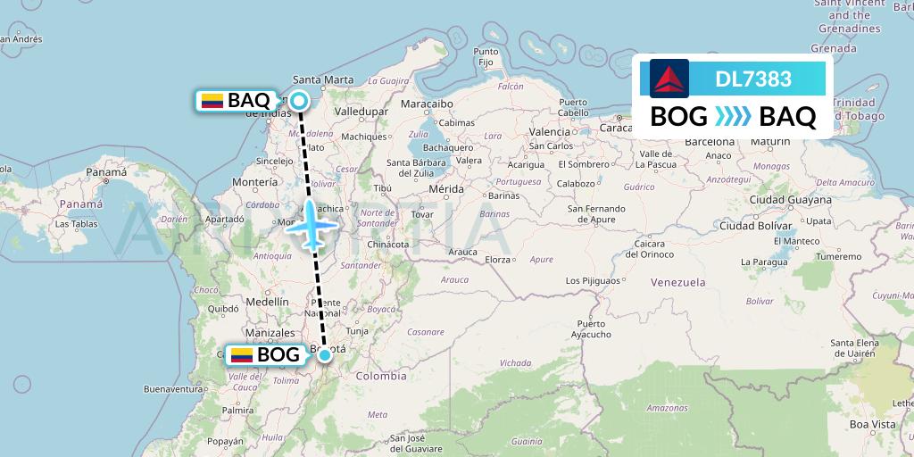 DL7383 Delta Air Lines Flight Map: Bogota to Barranquilla