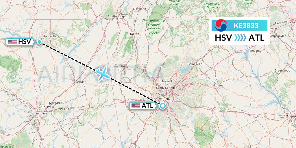 KE3833 Korean Air Flight Map: Huntsville to Atlanta