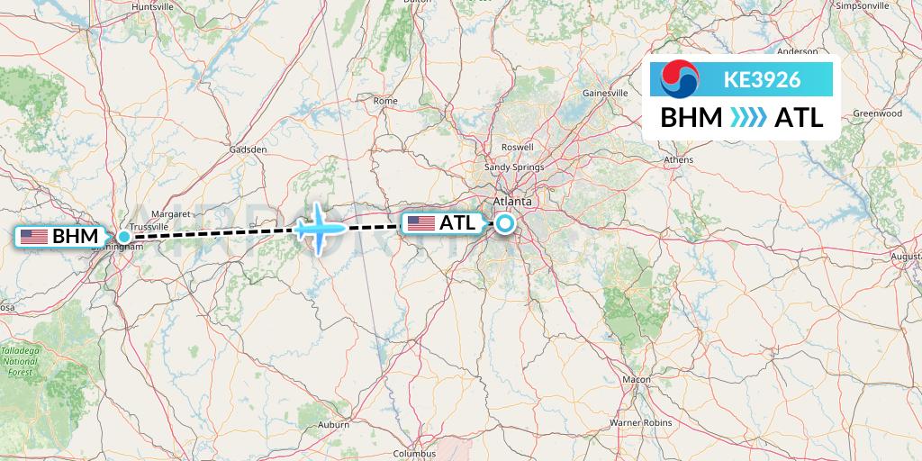 KE3926 Korean Air Flight Map: Birmingham to Atlanta