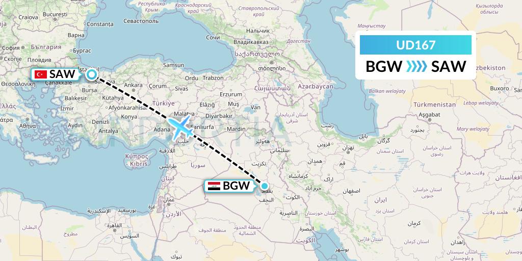 UD167 UR Airlines Flight Map: Baghdad to Istanbul