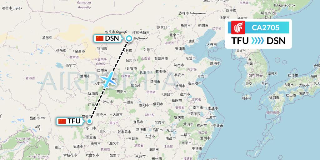 CA2705 Air China Flight Map: Chengdu to Dongsheng