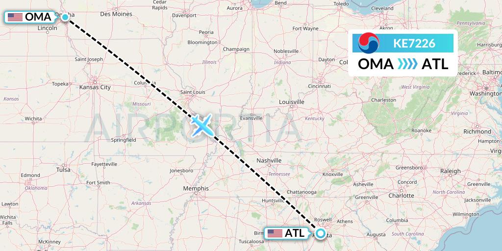 KE7226 Korean Air Flight Map: Omaha to Atlanta