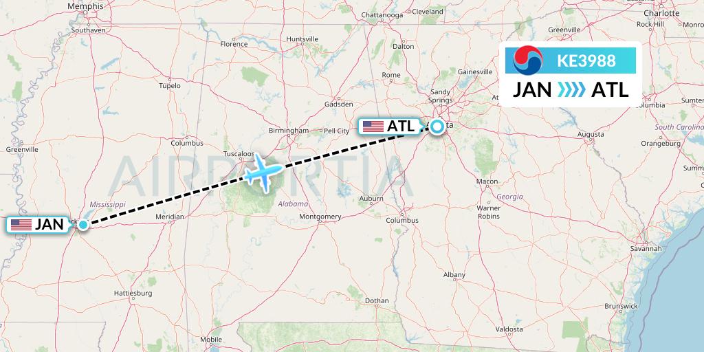 KE3988 Korean Air Flight Map: Jackson to Atlanta