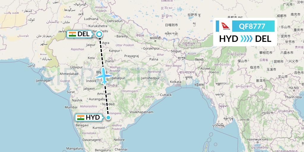 QF8777 Qantas Flight Map: Hyderabad to Delhi