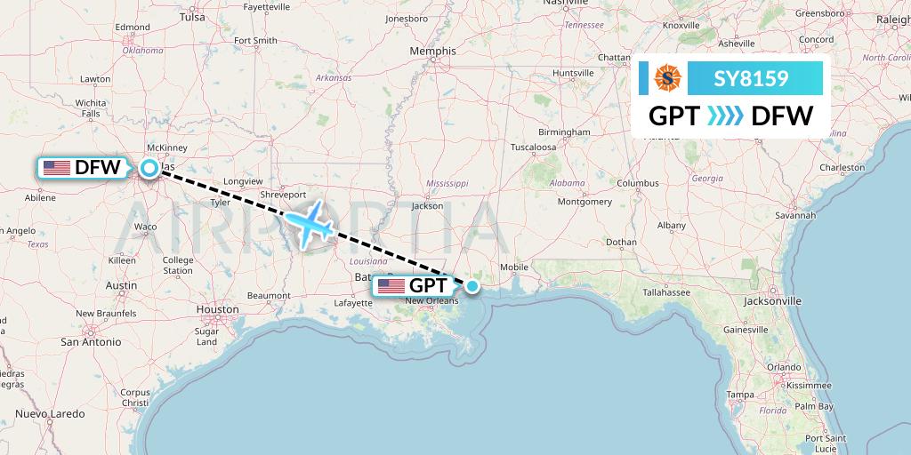 SY8159 Sun Country Airlines Flight Map: Gulfport to Dallas