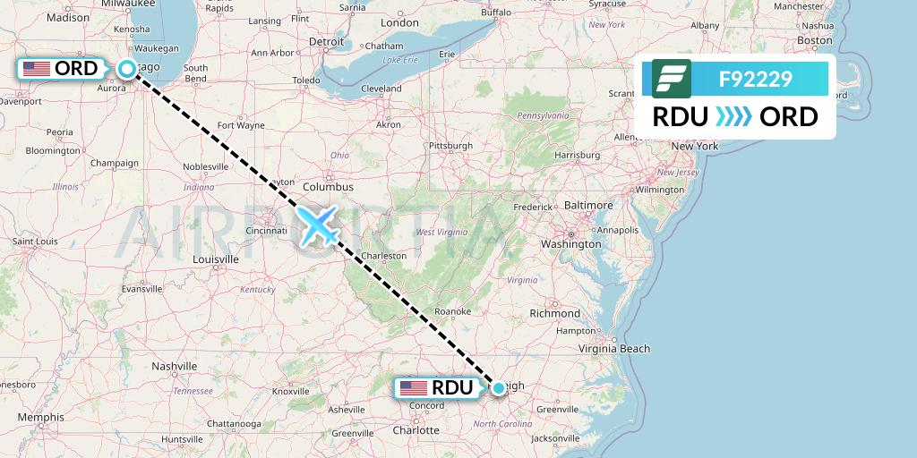 F92229 Frontier Airlines Flight Map: Raleigh-Durham to Chicago