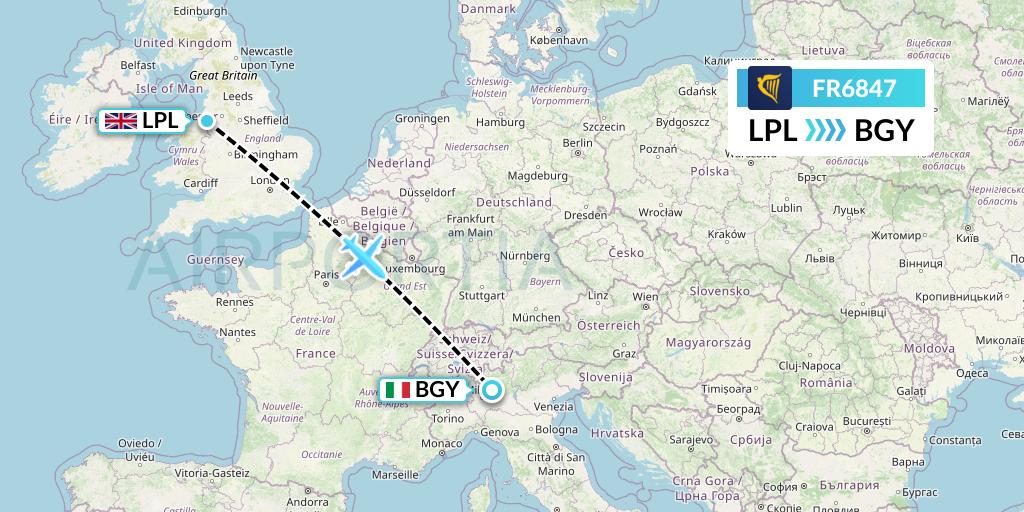 FR6847 Ryanair Flight Map: Liverpool to Milan