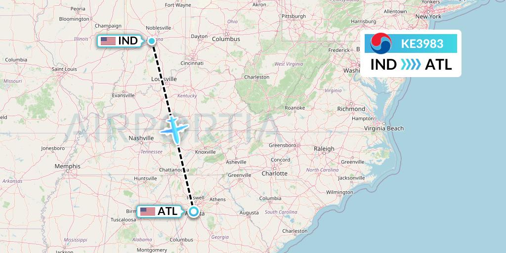 KE3983 Korean Air Flight Map: Indianapolis to Atlanta