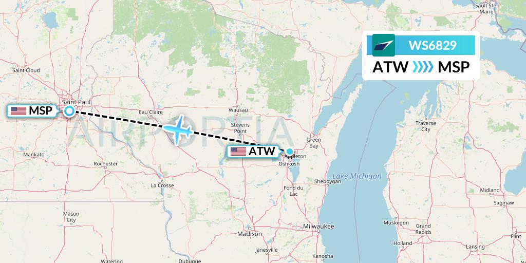 WS6829 WestJet Flight Map: Appleton to Minneapolis